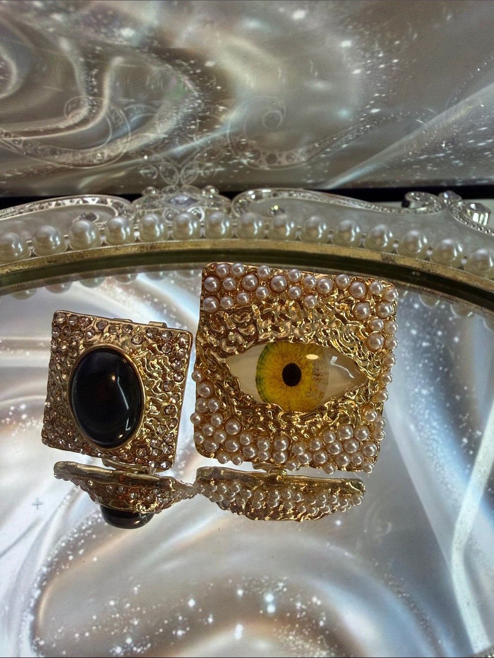 Gold Pearl Eye Statement Ring — Green Eye Accent